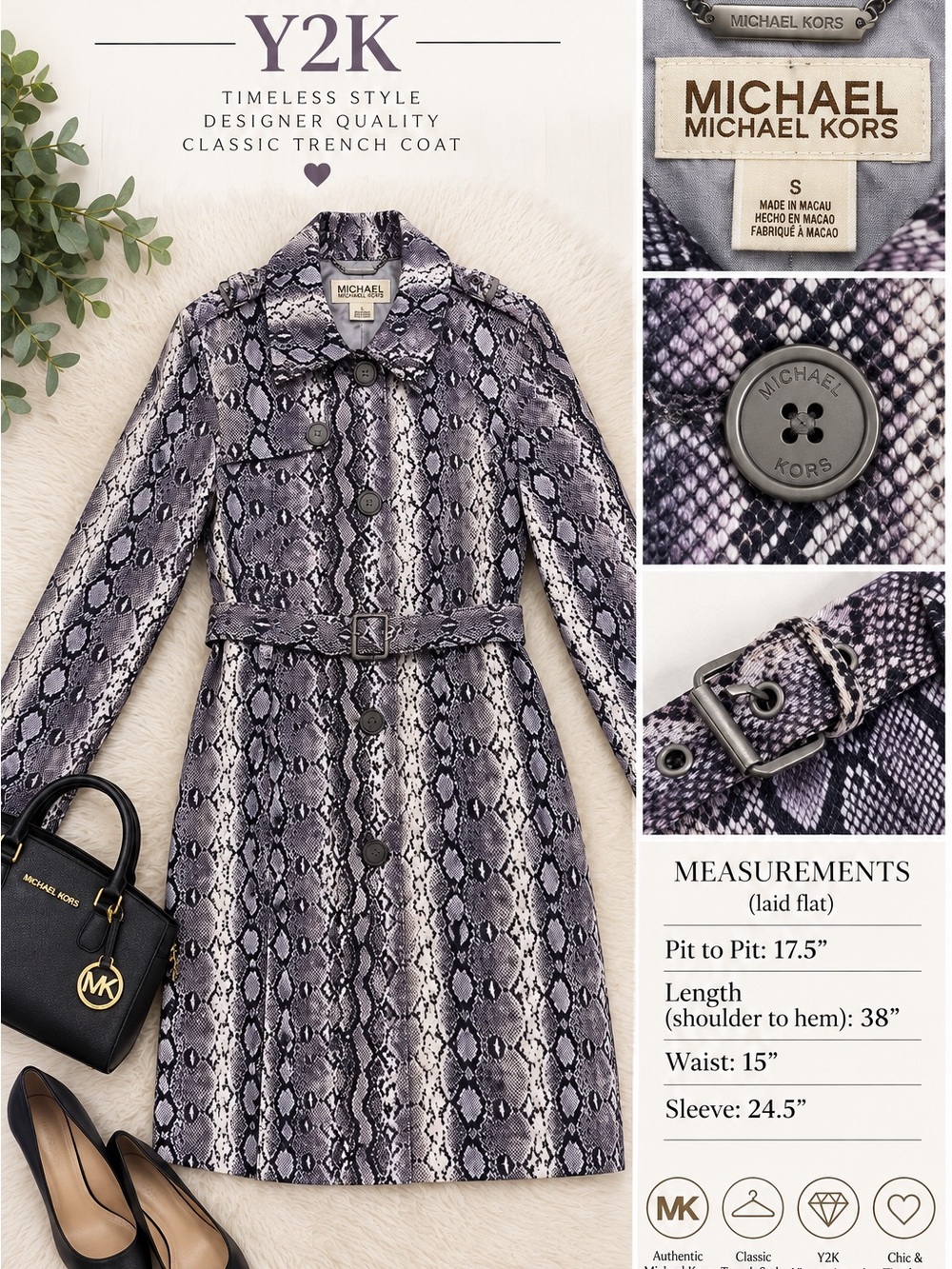 MICHAEL Michael Kors Gray Snake-Print Long Sleeve Trench Dress Y2K